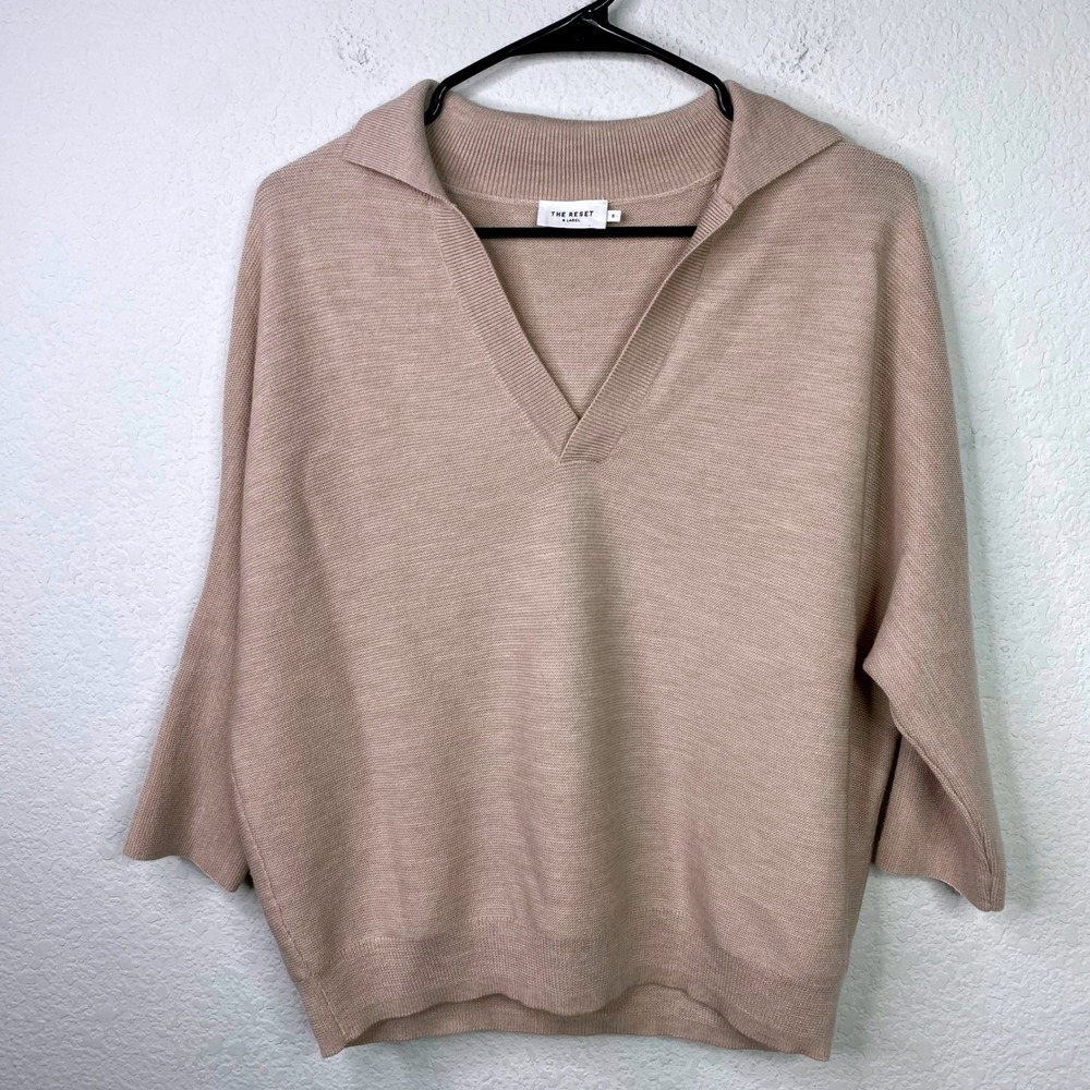 The Reset‎ Polo Sweater Womens S Tan Wool V-Neck Minimalist Quiet Luxury Preppy